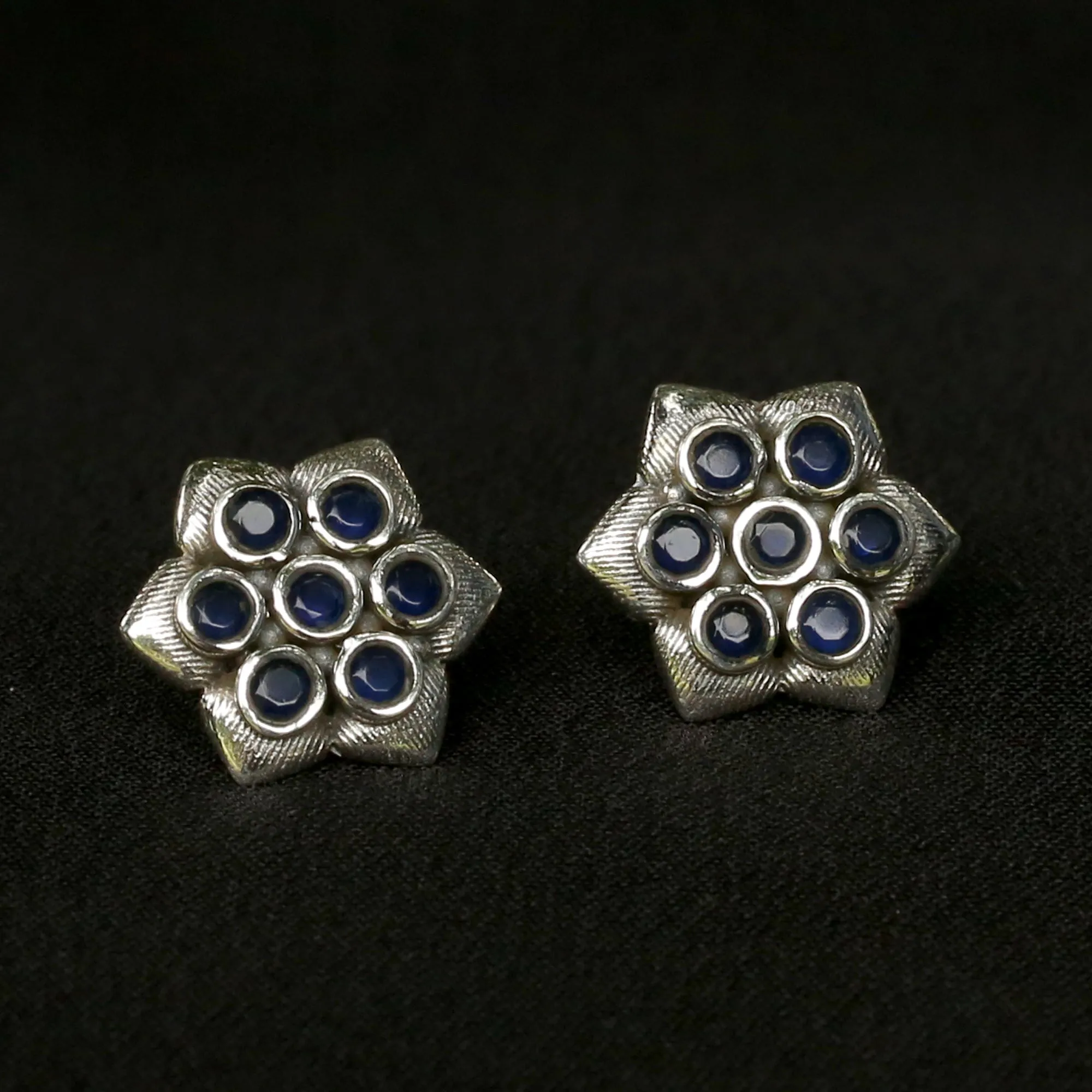 925 Silver Antique Look Hexagonal Blue Stud