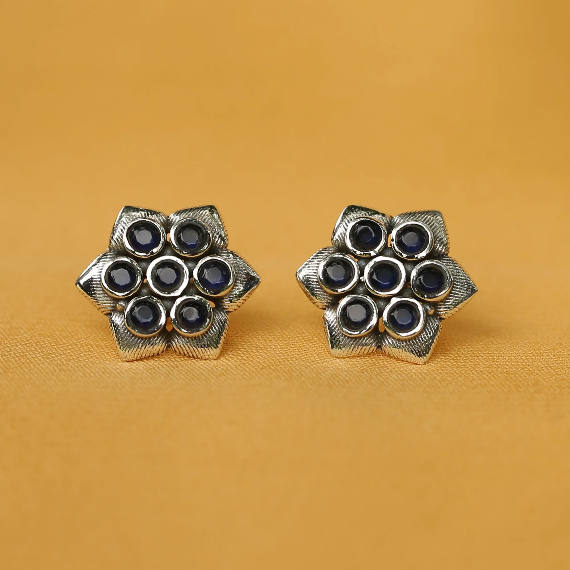 925 Silver Antique Look Hexagonal Blue Stud