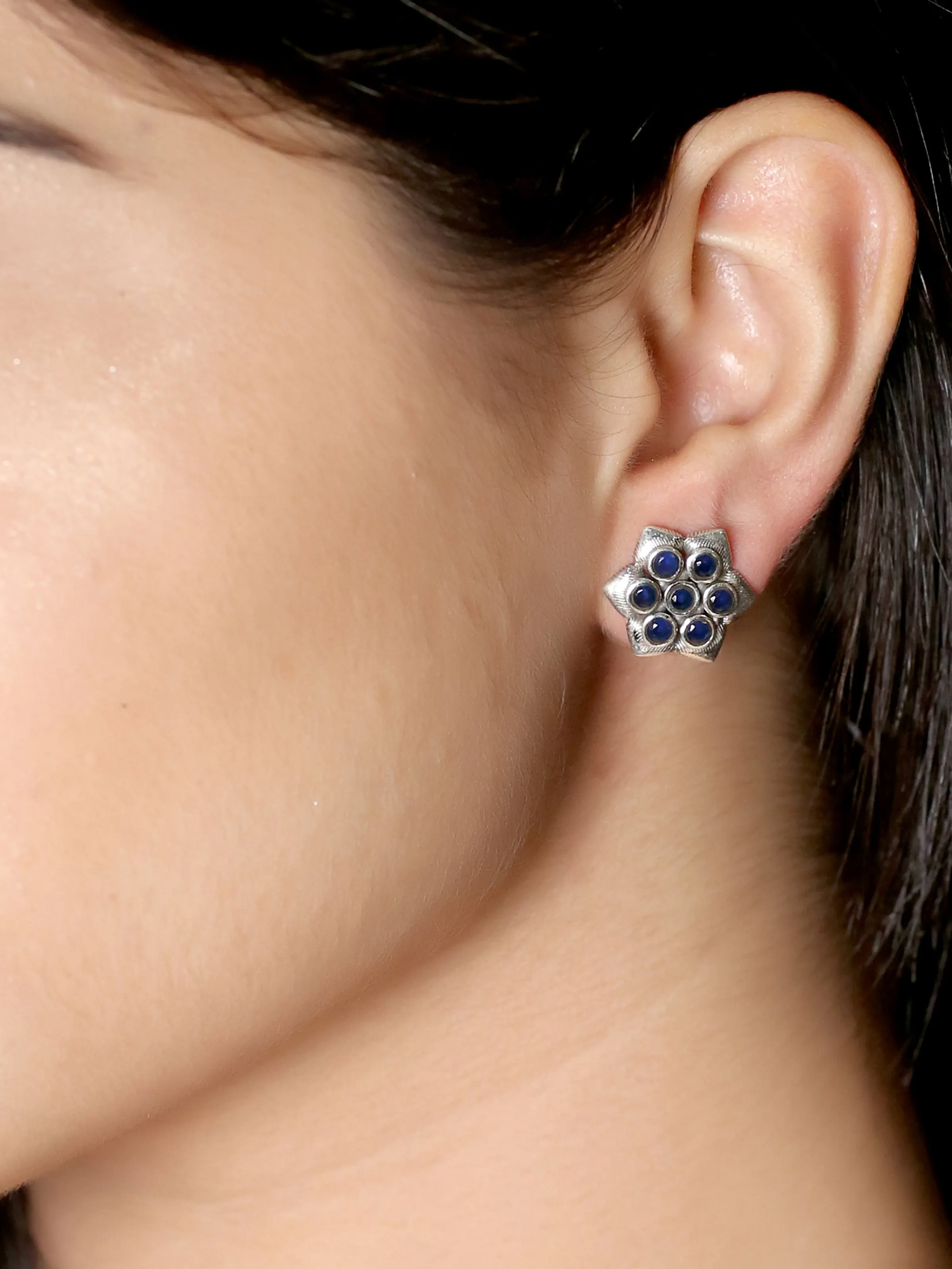 925 Silver Antique Look Hexagonal Blue Stud