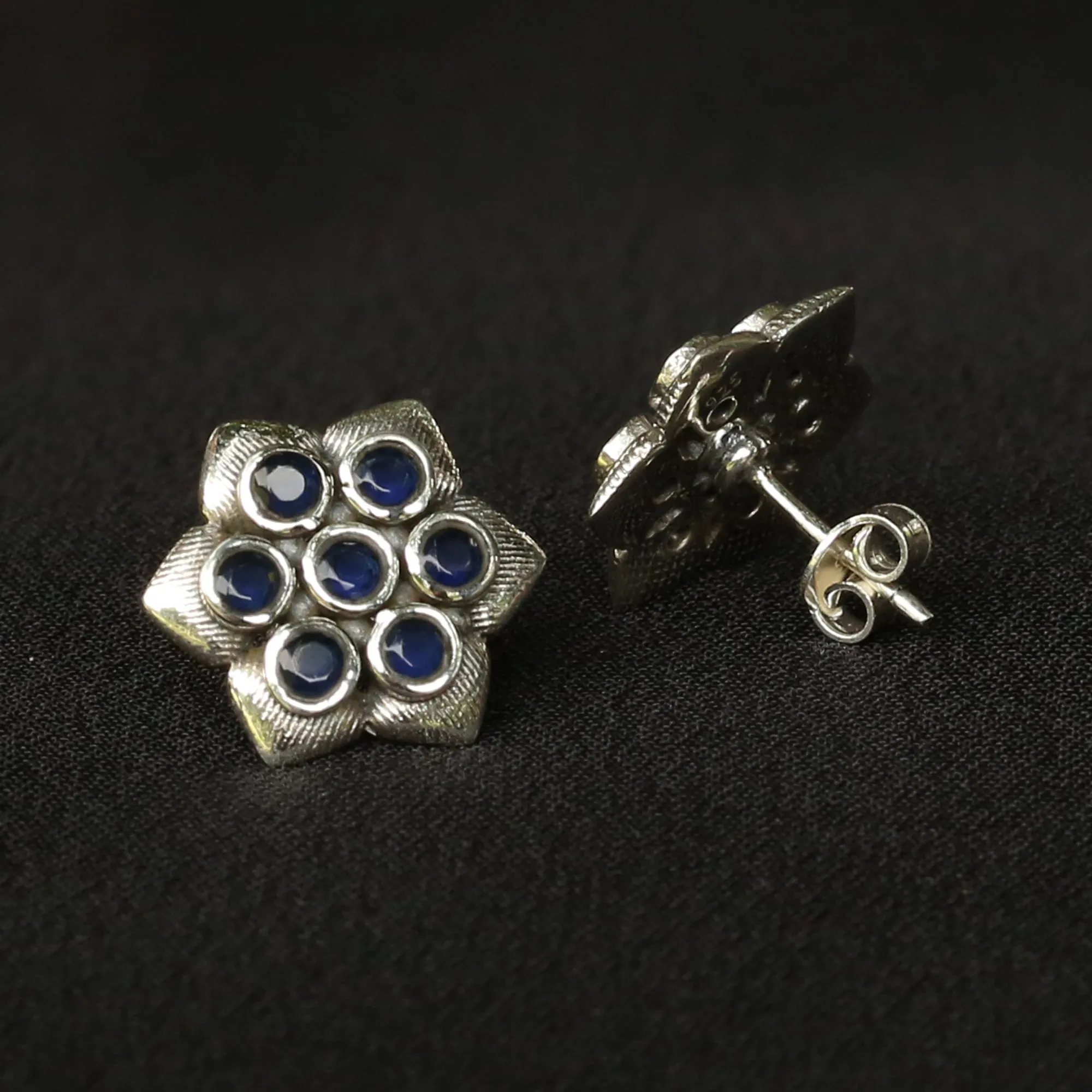 925 Silver Antique Look Hexagonal Blue Stud