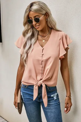 Apricot Short Sleeve Forever Tonight Button Down Tie Top