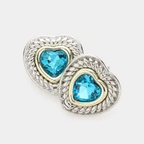 Aqua Crystal Stone Heart Stud Earrings-M H W ACCESSORIES