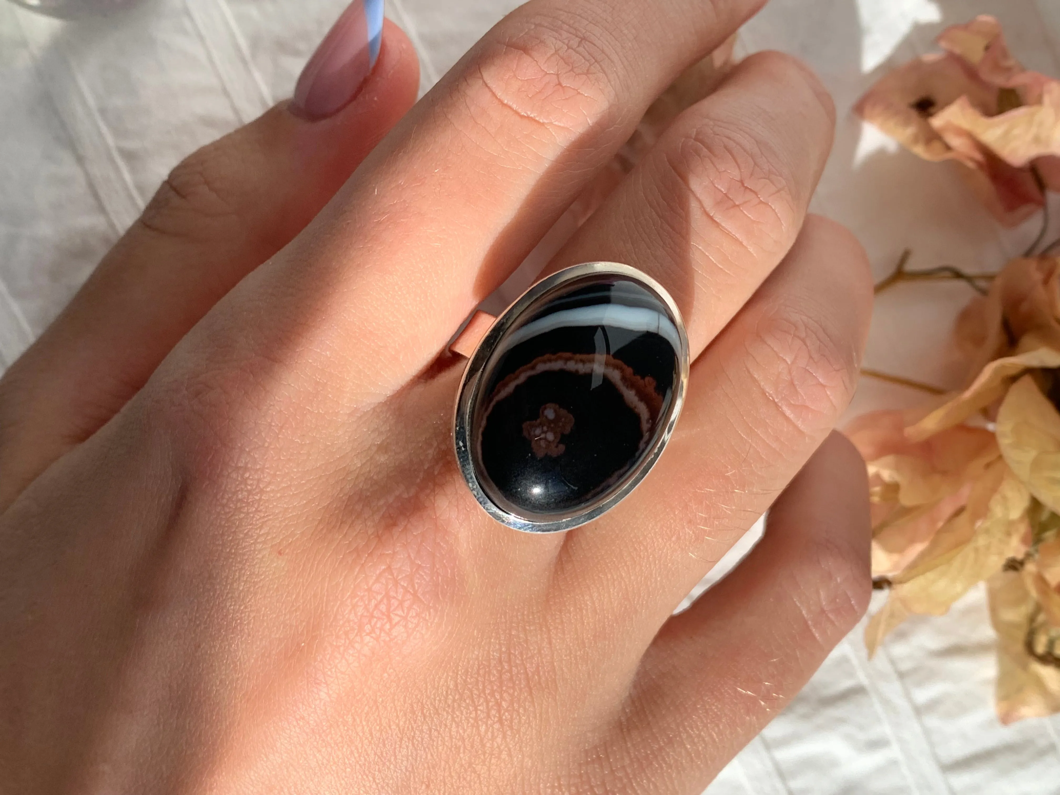 Black Banded Agate Adjustable Ring - C