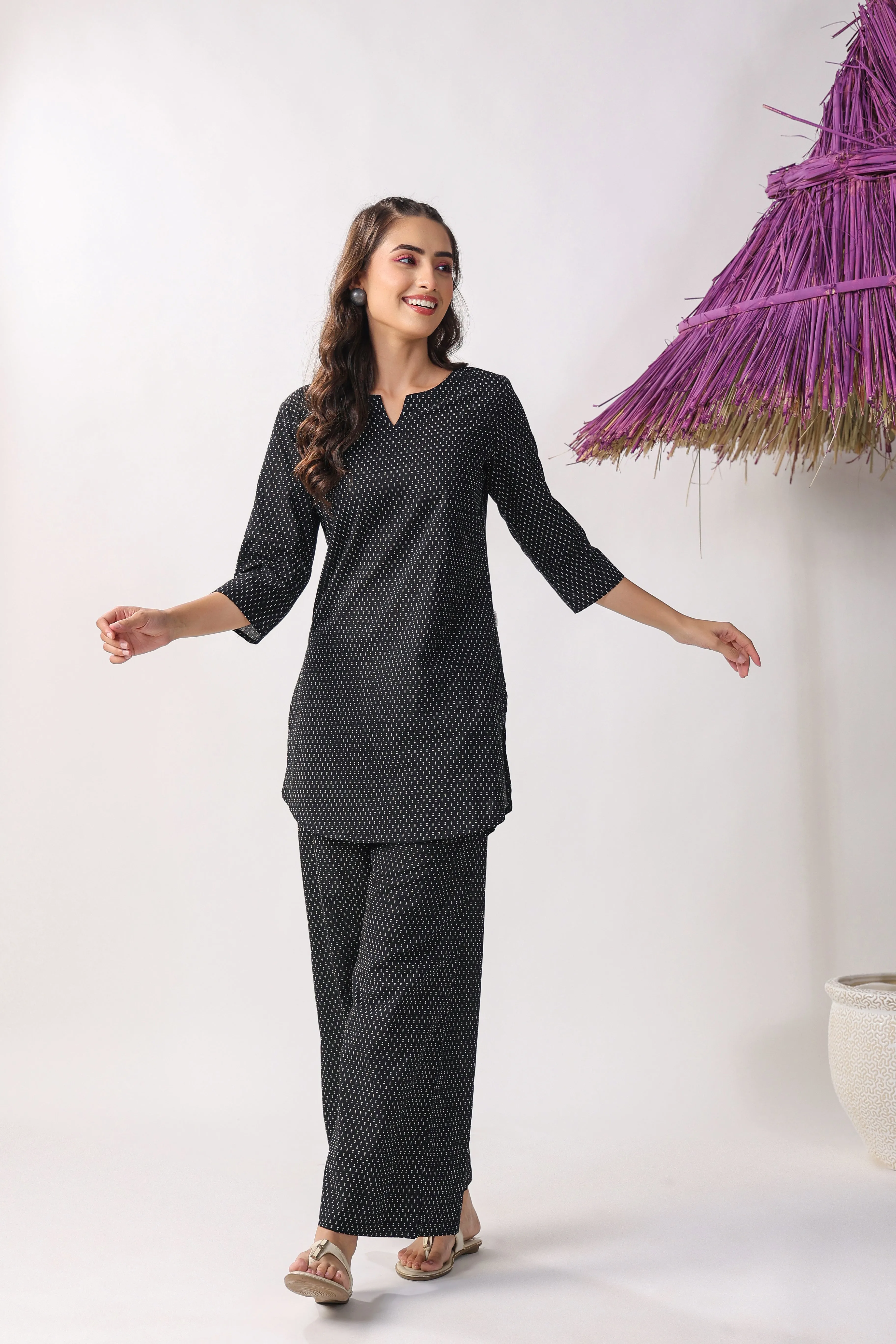 Black Buti On Cotton Pallazo Set