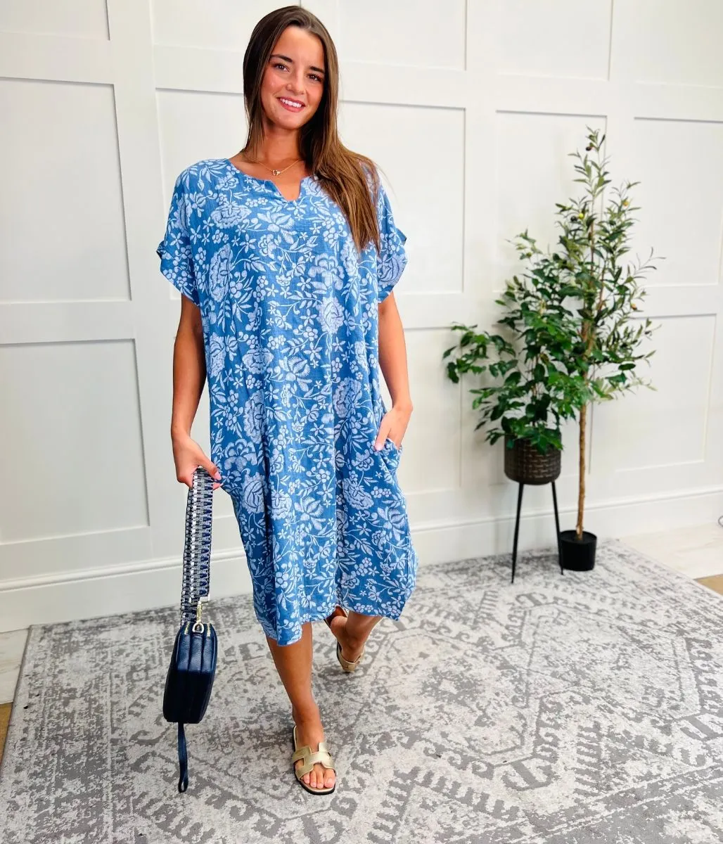 Blue Floral Linen Look Dress