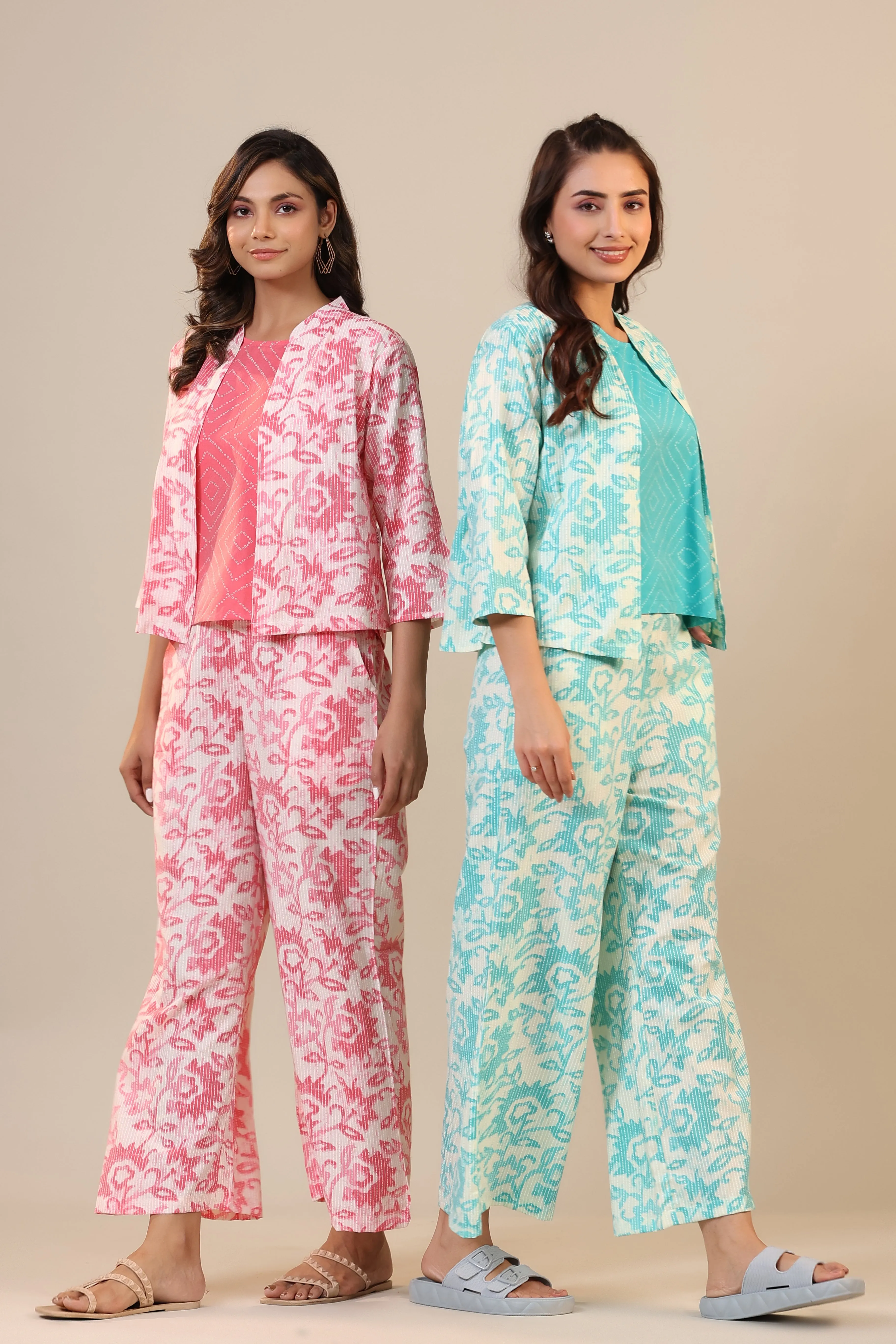 Blue Florals With Bhandej on Cotton Three piece Set