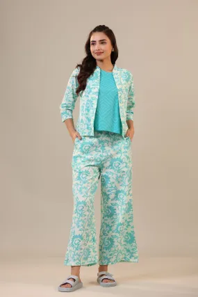 Blue Florals With Bhandej on Cotton Three piece Set