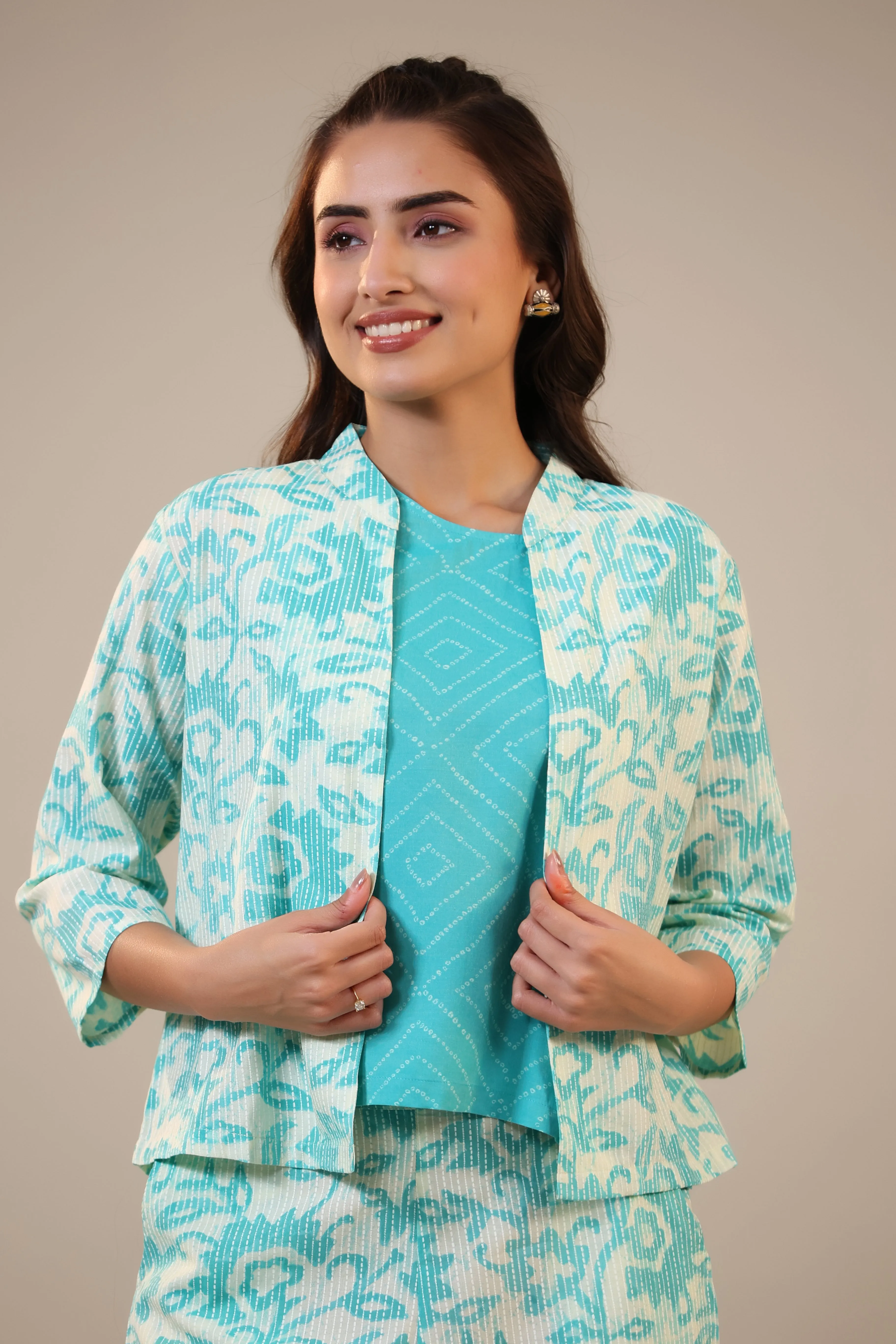 Blue Florals With Bhandej on Cotton Three piece Set