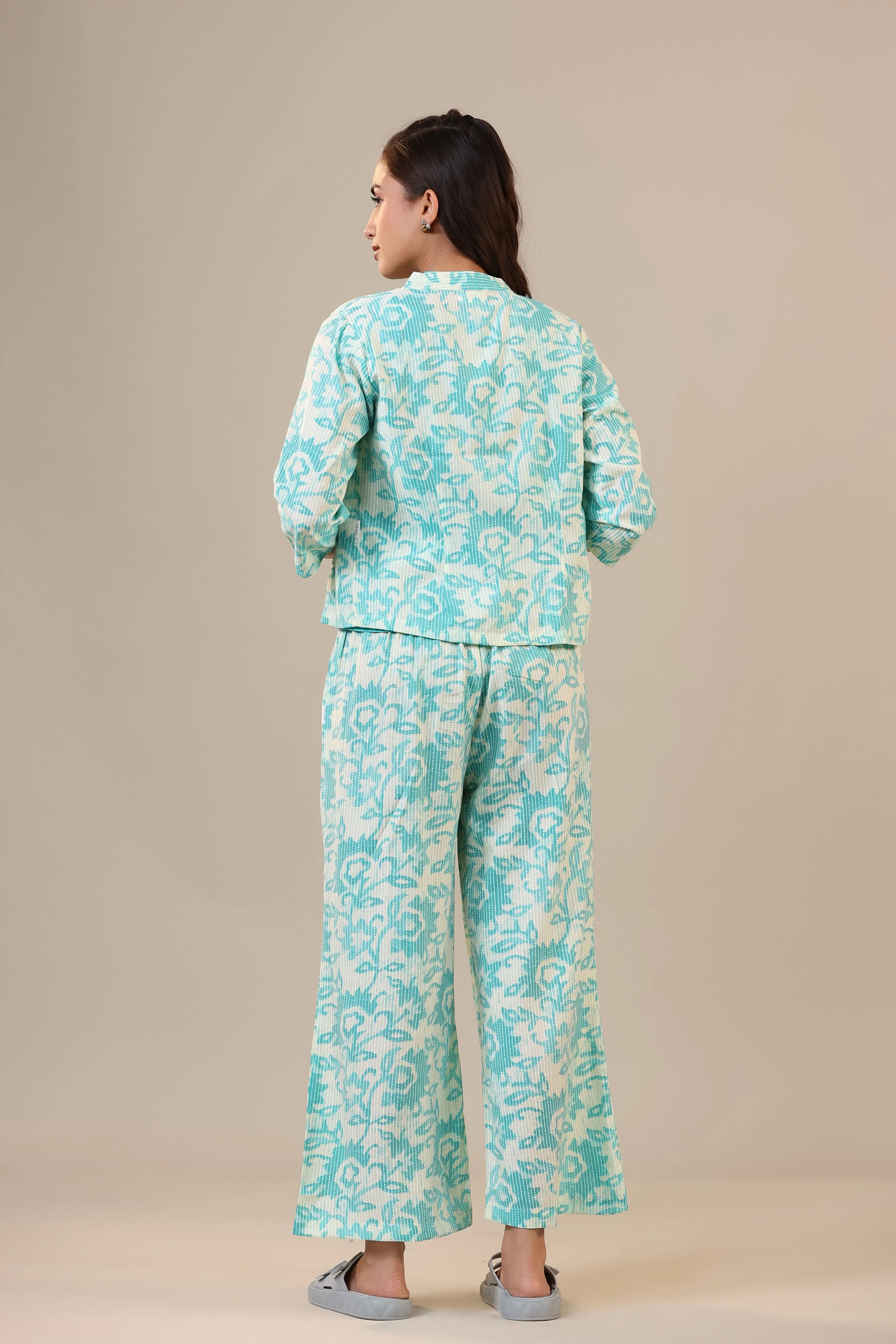 Blue Florals With Bhandej on Cotton Three piece Set