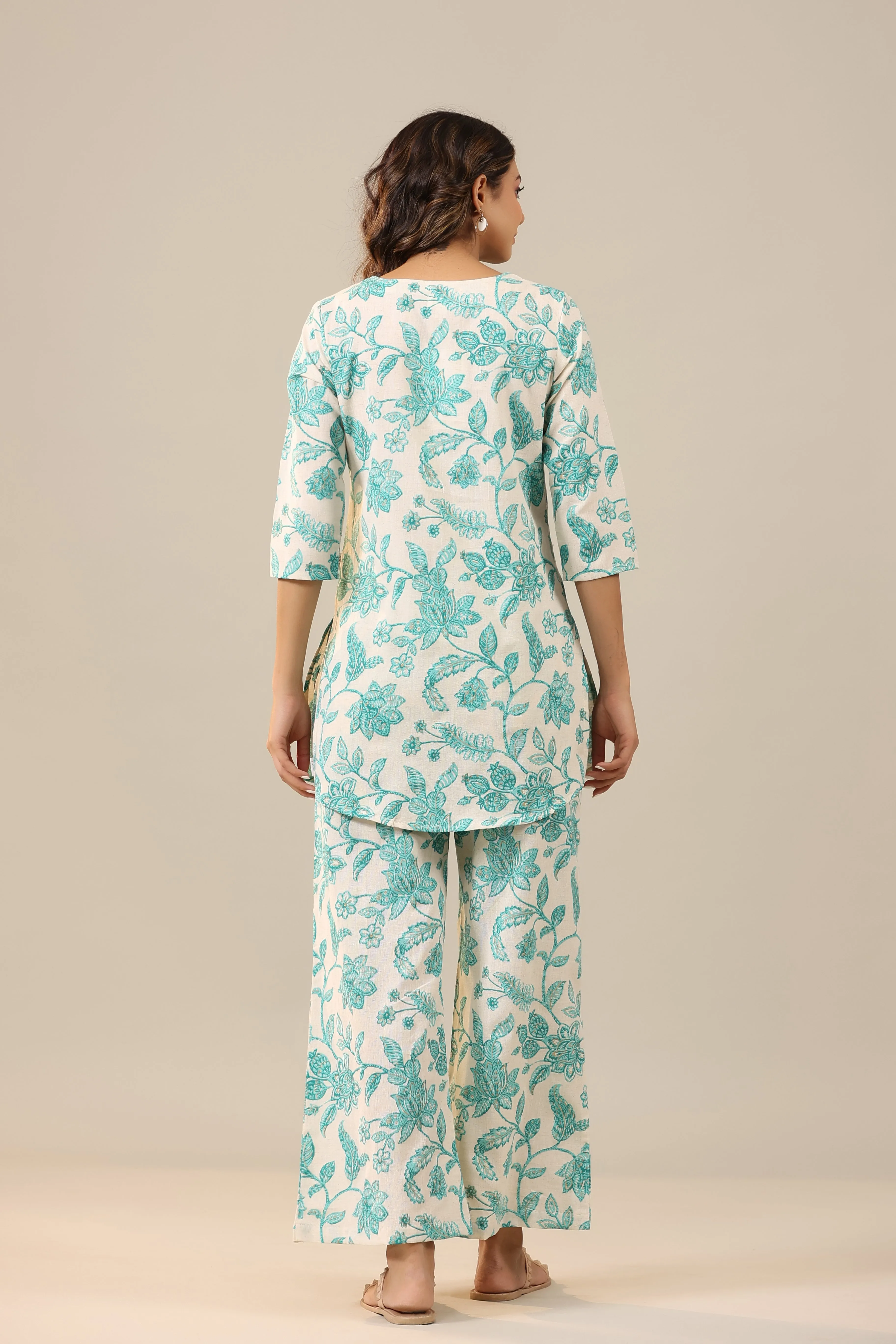 Blue Jaal on White Cotton Flex Loungewear Palazzo Set