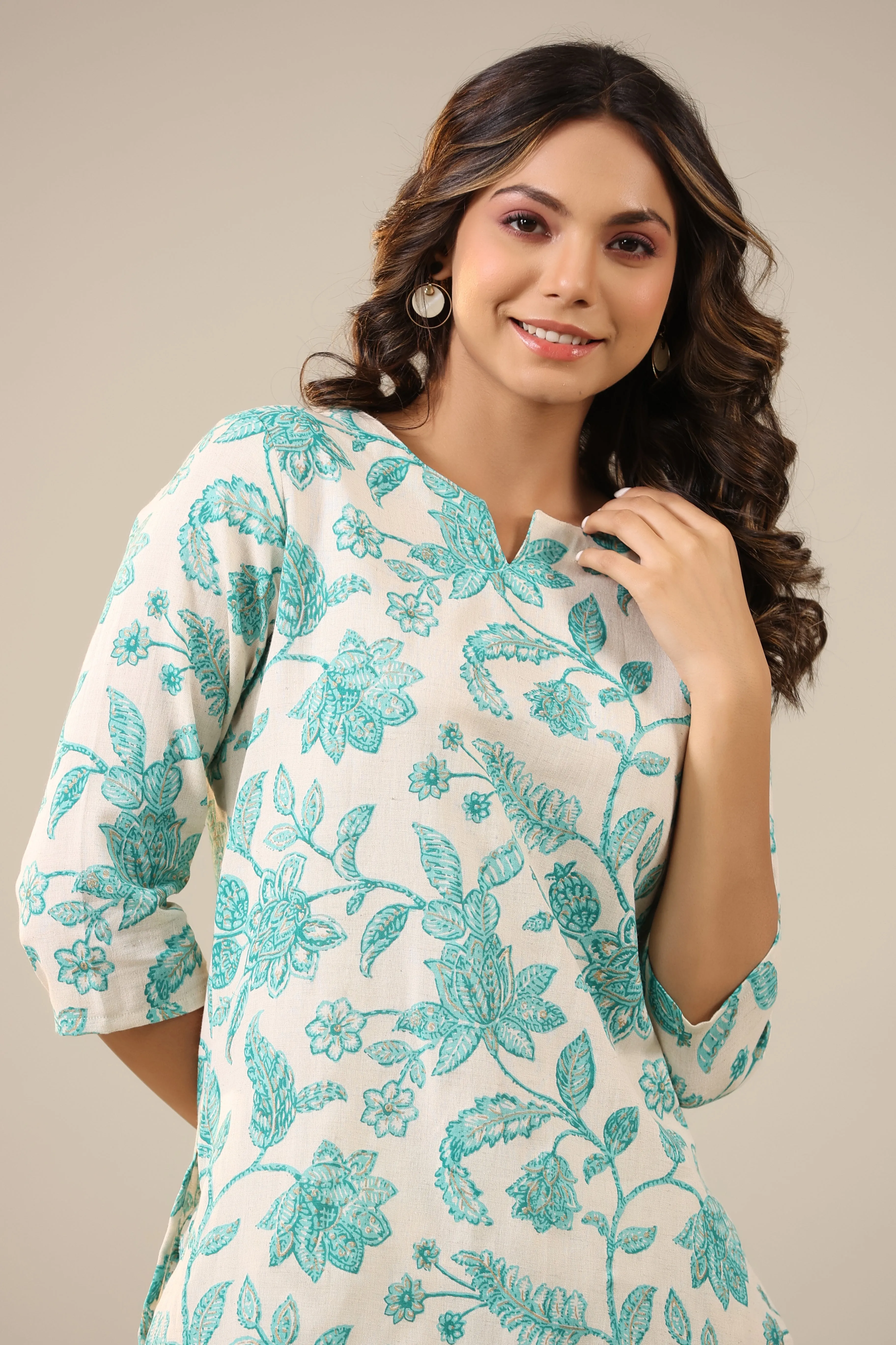 Blue Jaal on White Cotton Flex Loungewear Palazzo Set