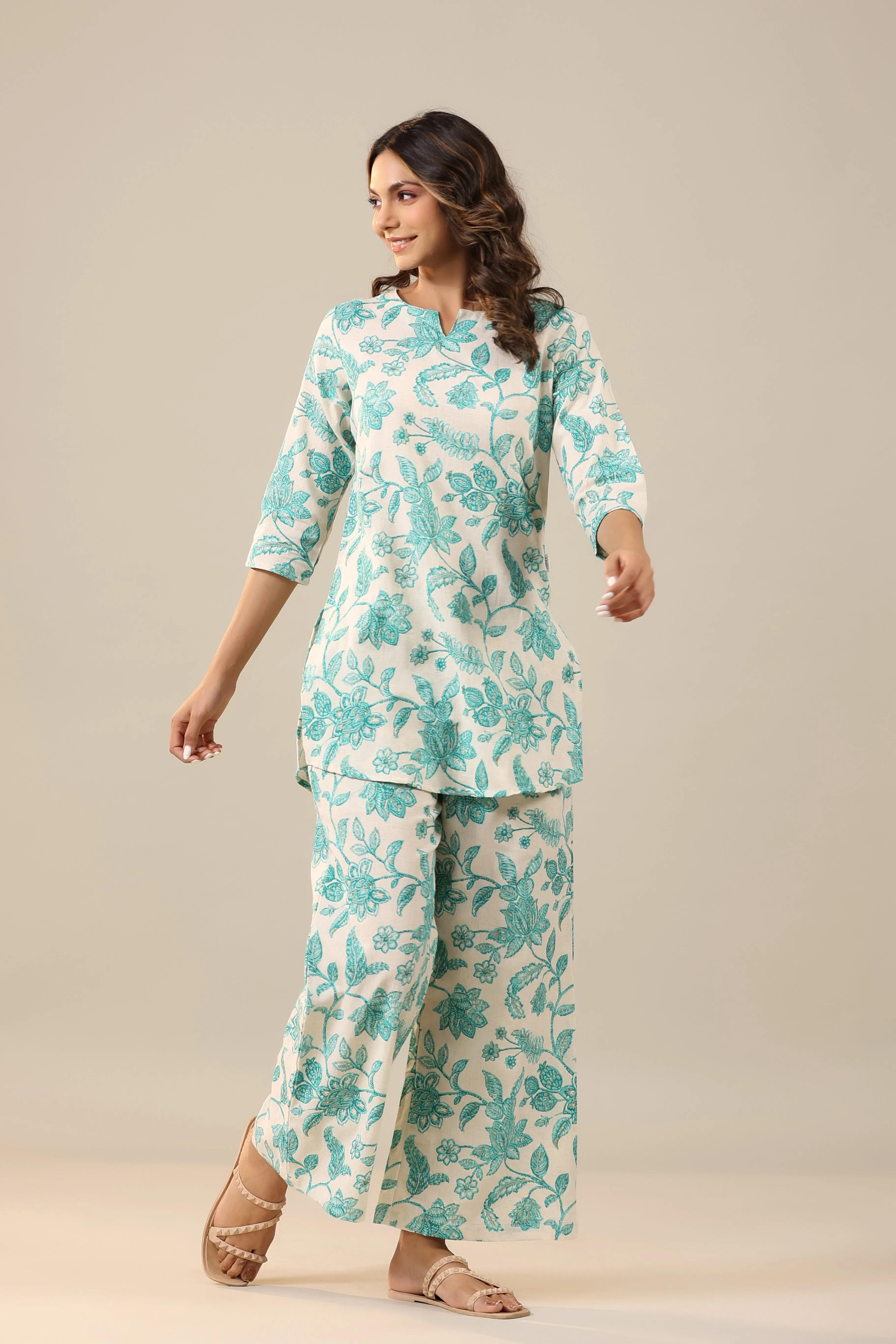 Blue Jaal on White Cotton Flex Loungewear Palazzo Set