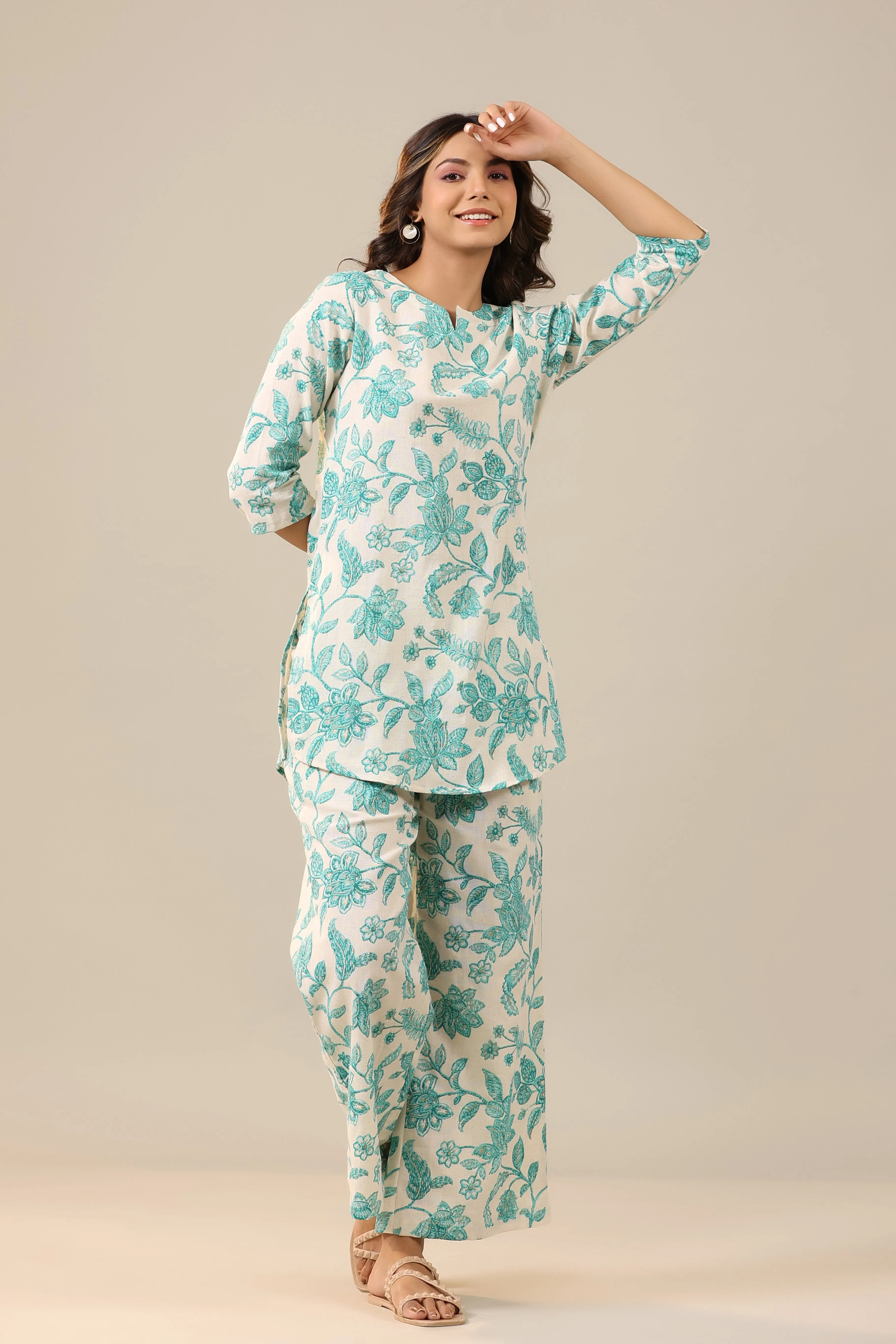 Blue Jaal on White Cotton Flex Loungewear Palazzo Set