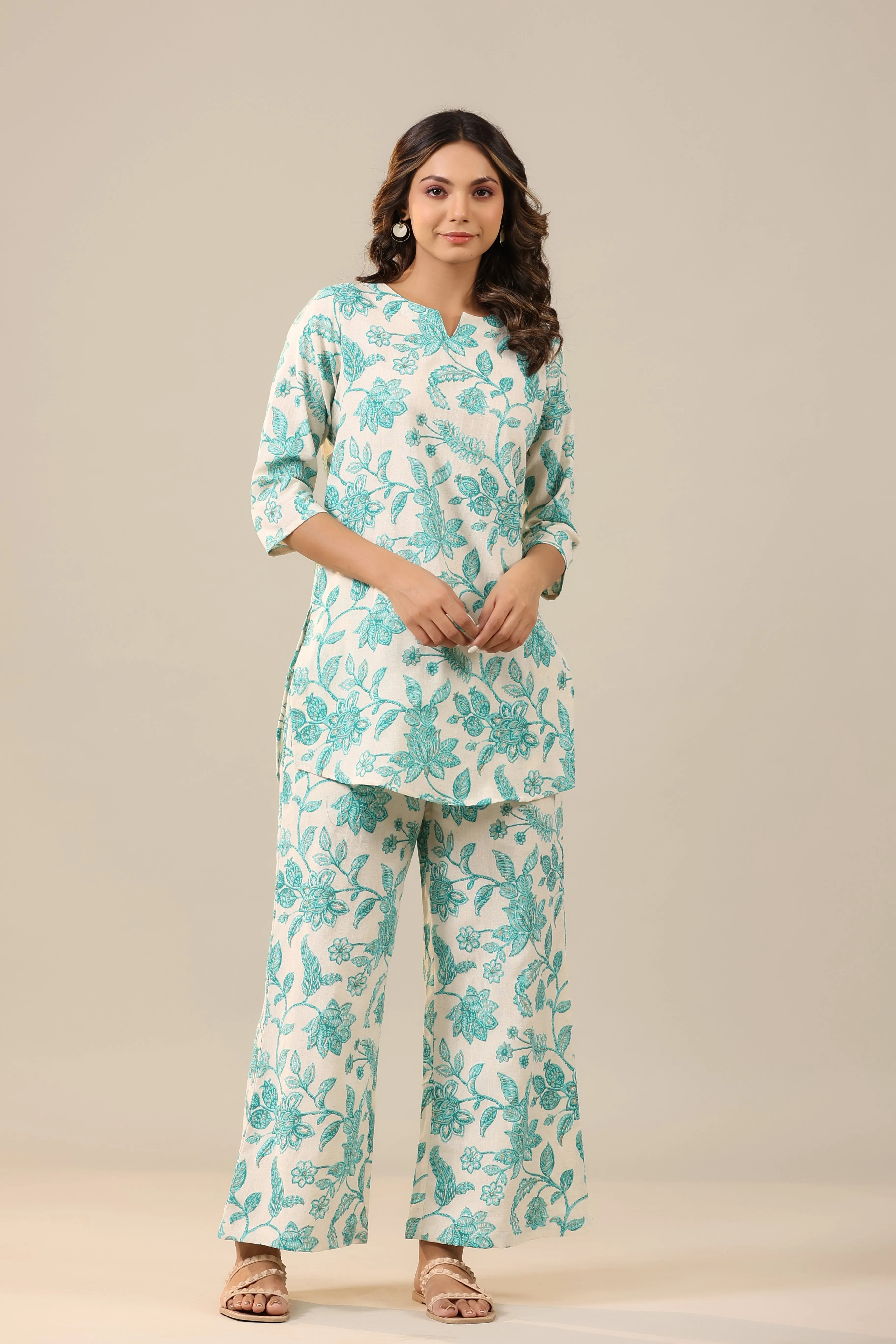 Blue Jaal on White Cotton Flex Loungewear Palazzo Set