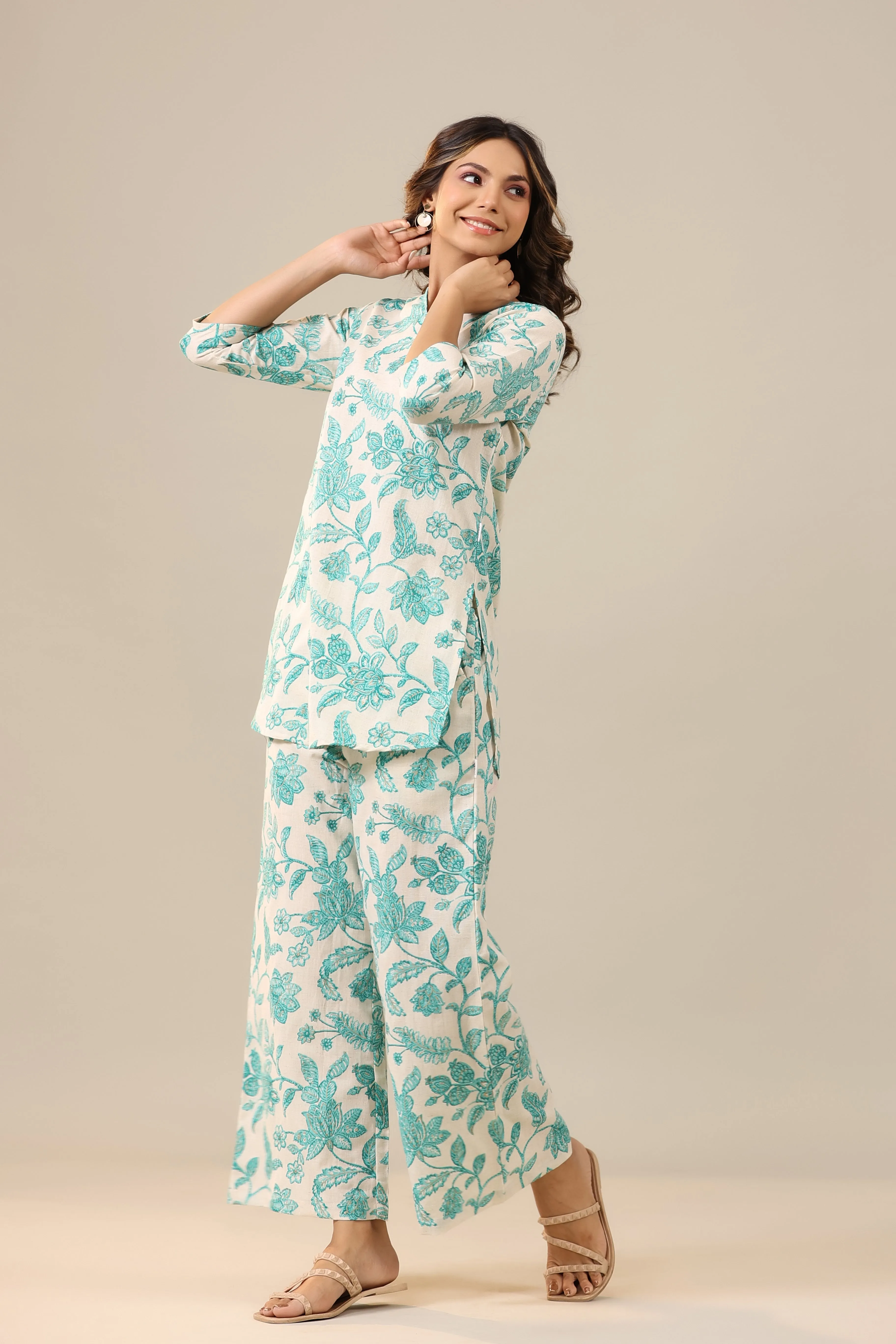 Blue Jaal on White Cotton Flex Loungewear Palazzo Set