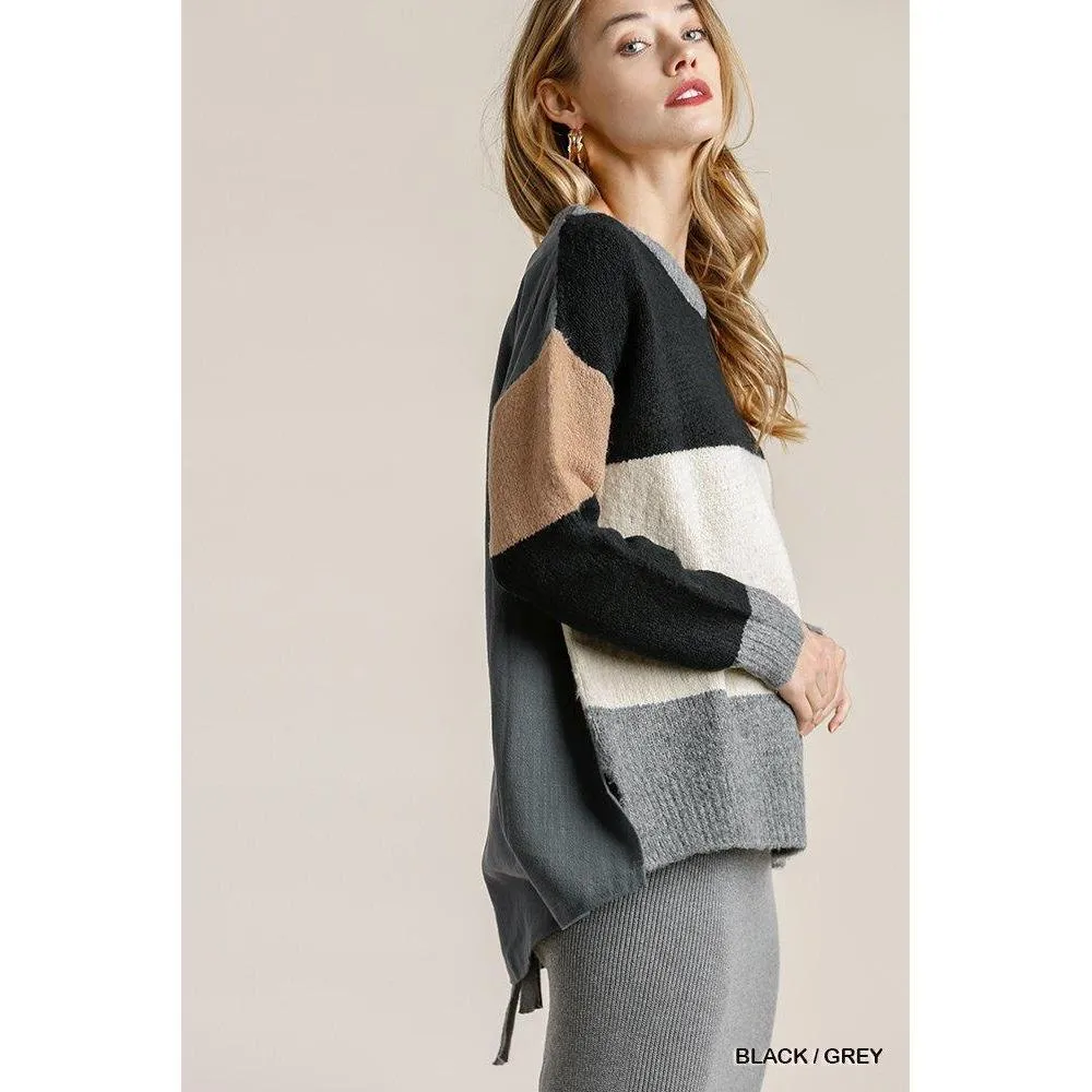 Colorblock Contrasted Cotton Fabric On Back Top With Side Slits And High Low Hem