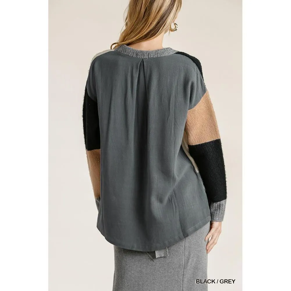 Colorblock Contrasted Cotton Fabric On Back Top With Side Slits And High Low Hem