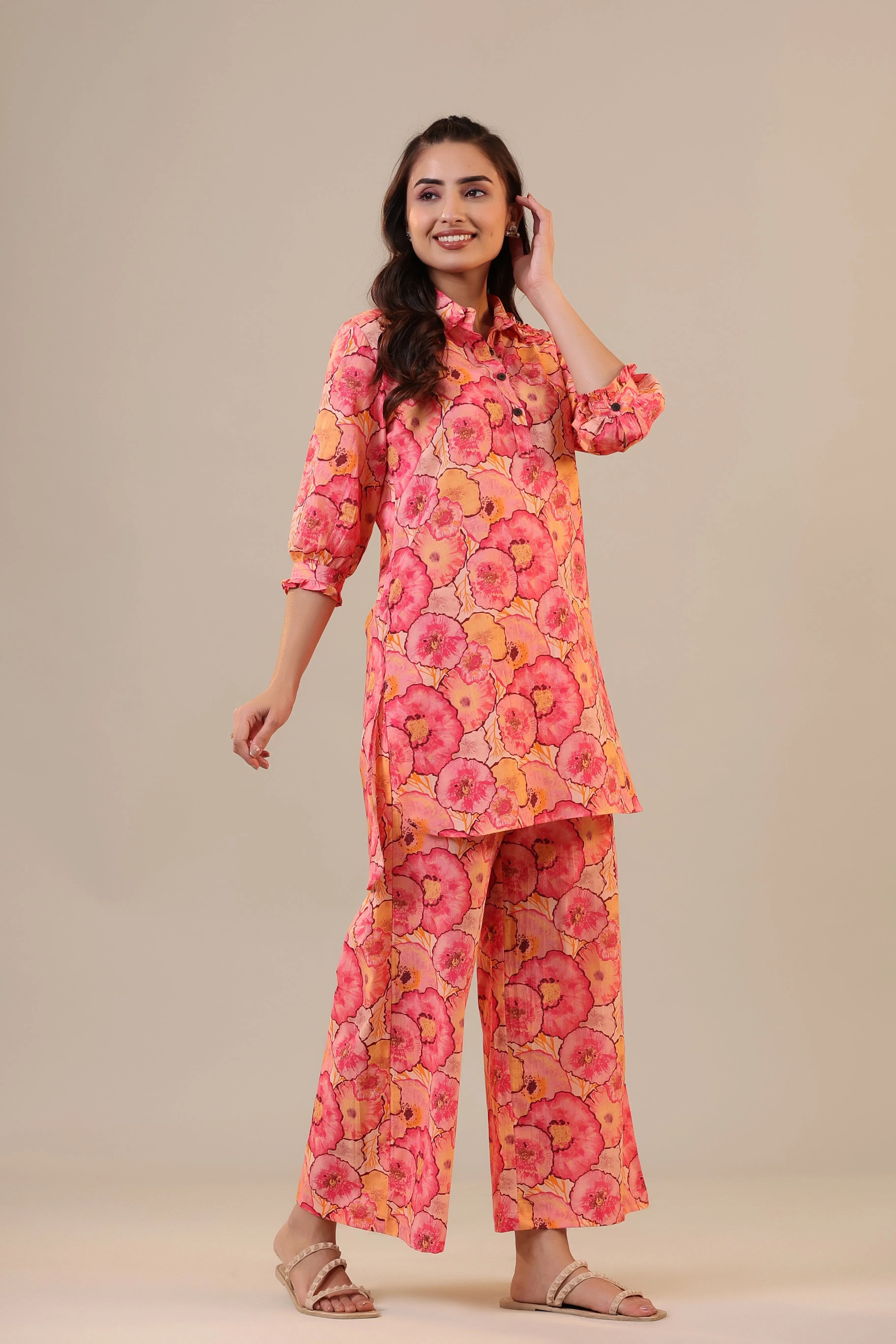 Colourful Chrysanthemum on Pink Cotton Loungewear Palazzo Set