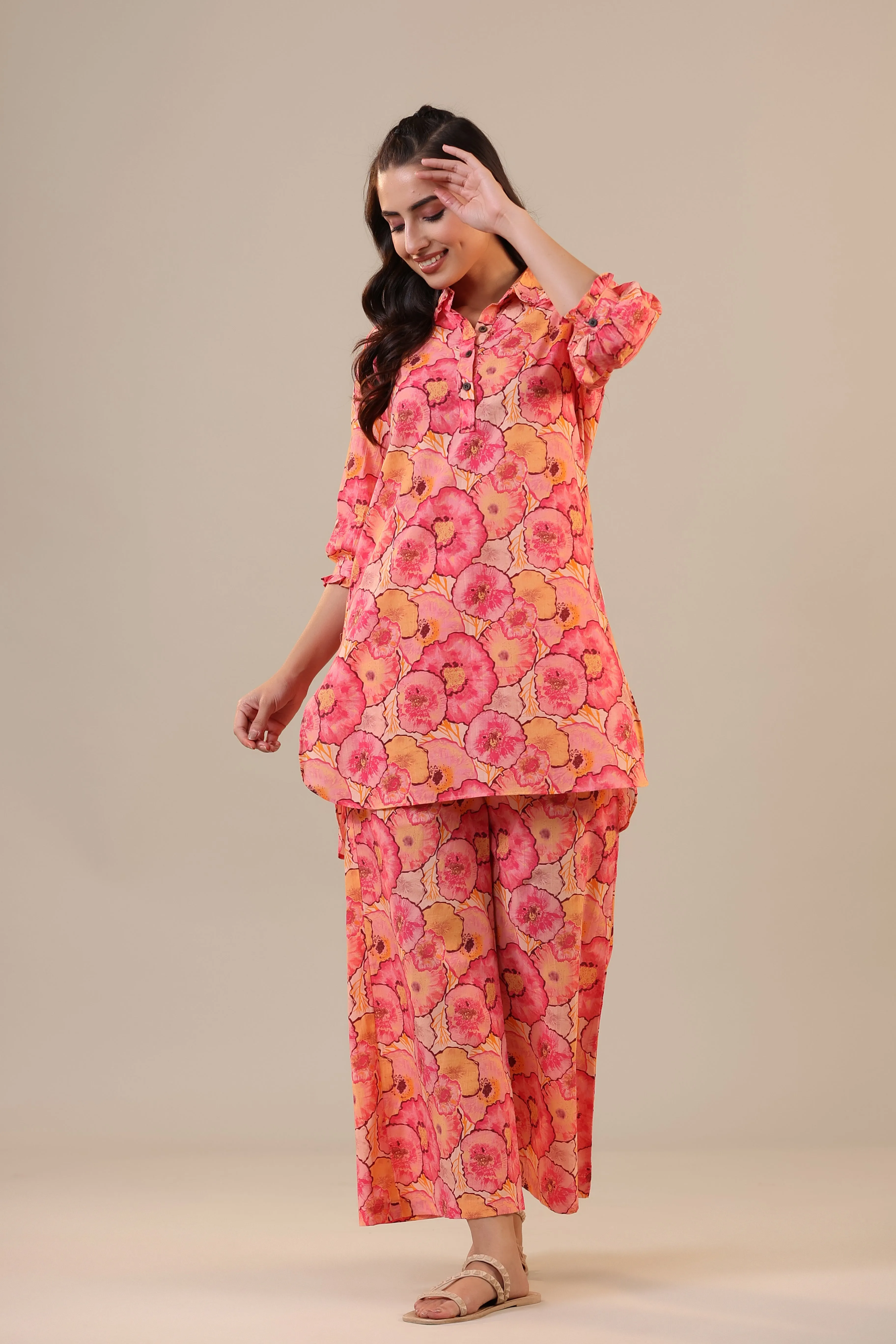 Colourful Chrysanthemum on Pink Cotton Loungewear Palazzo Set