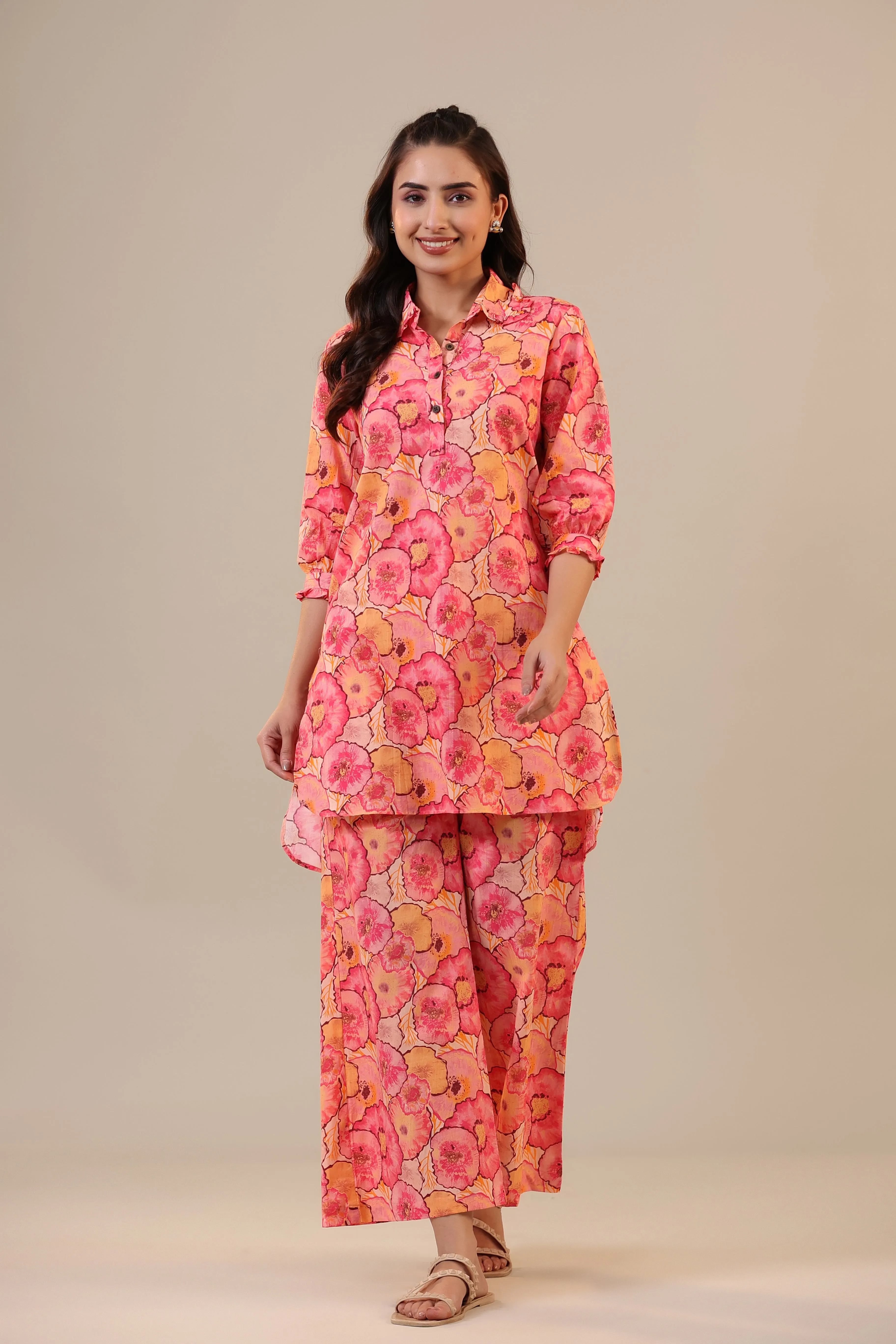 Colourful Chrysanthemum on Pink Cotton Loungewear Palazzo Set