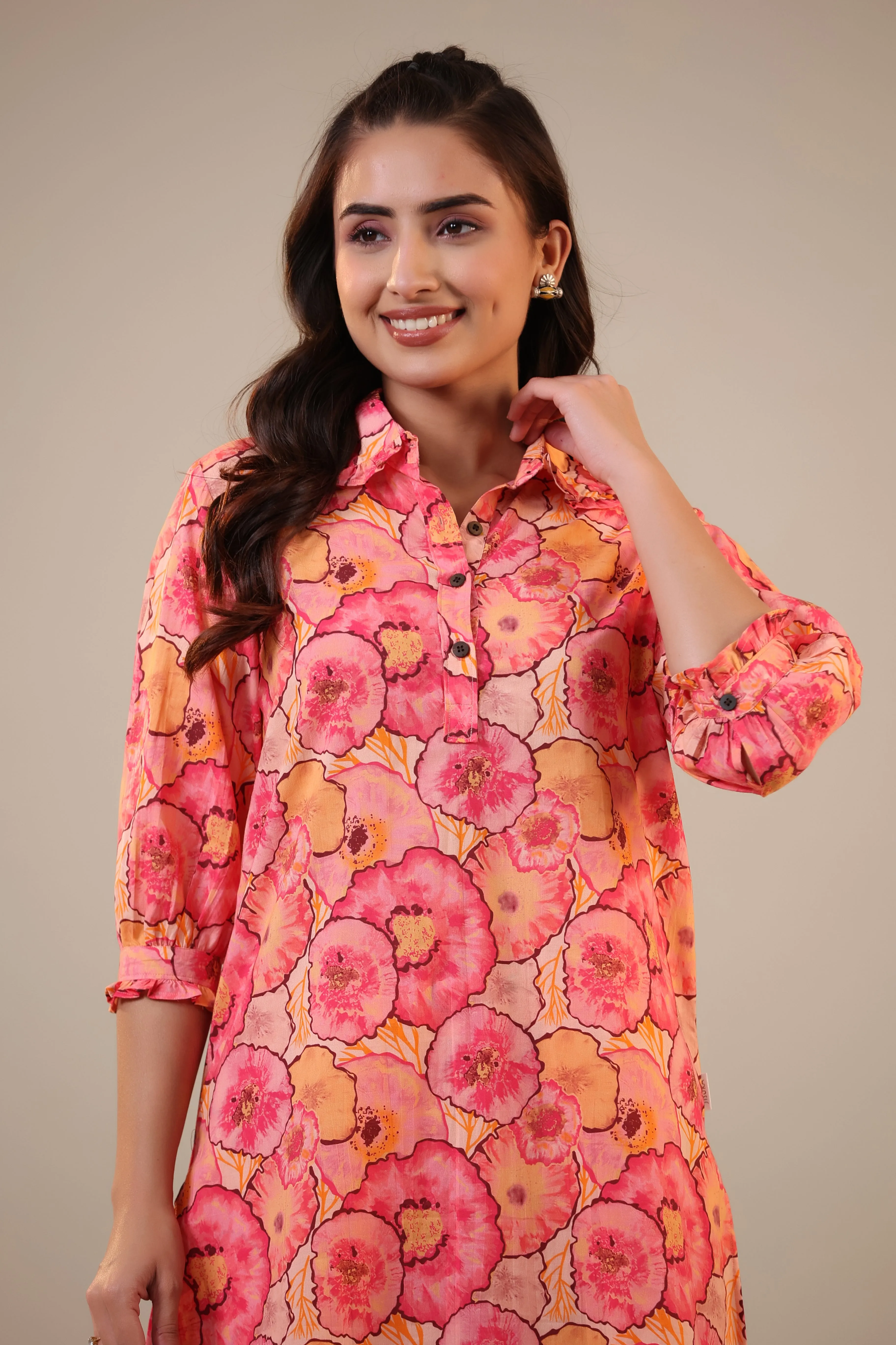 Colourful Chrysanthemum on Pink Cotton Loungewear Palazzo Set