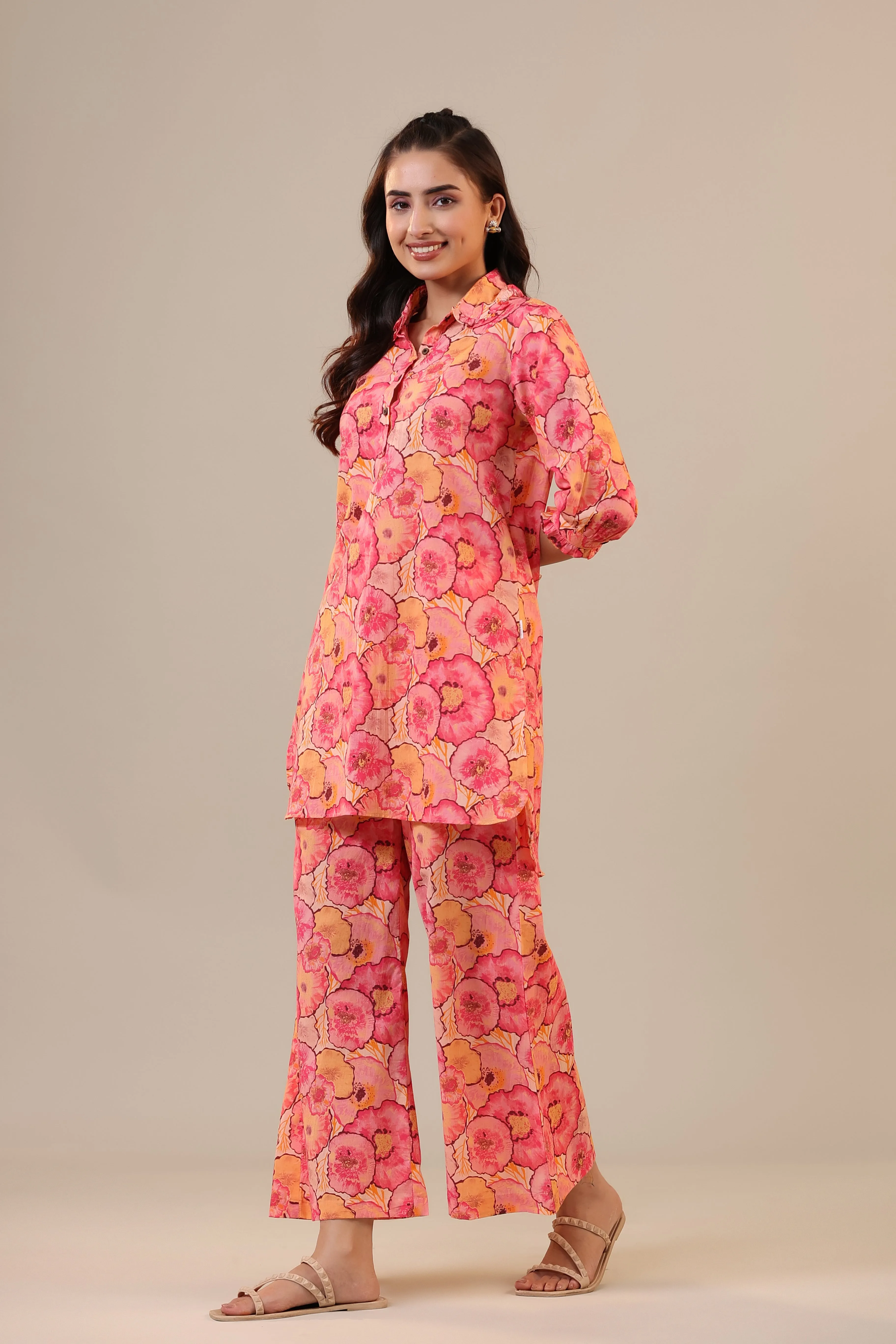 Colourful Chrysanthemum on Pink Cotton Loungewear Palazzo Set