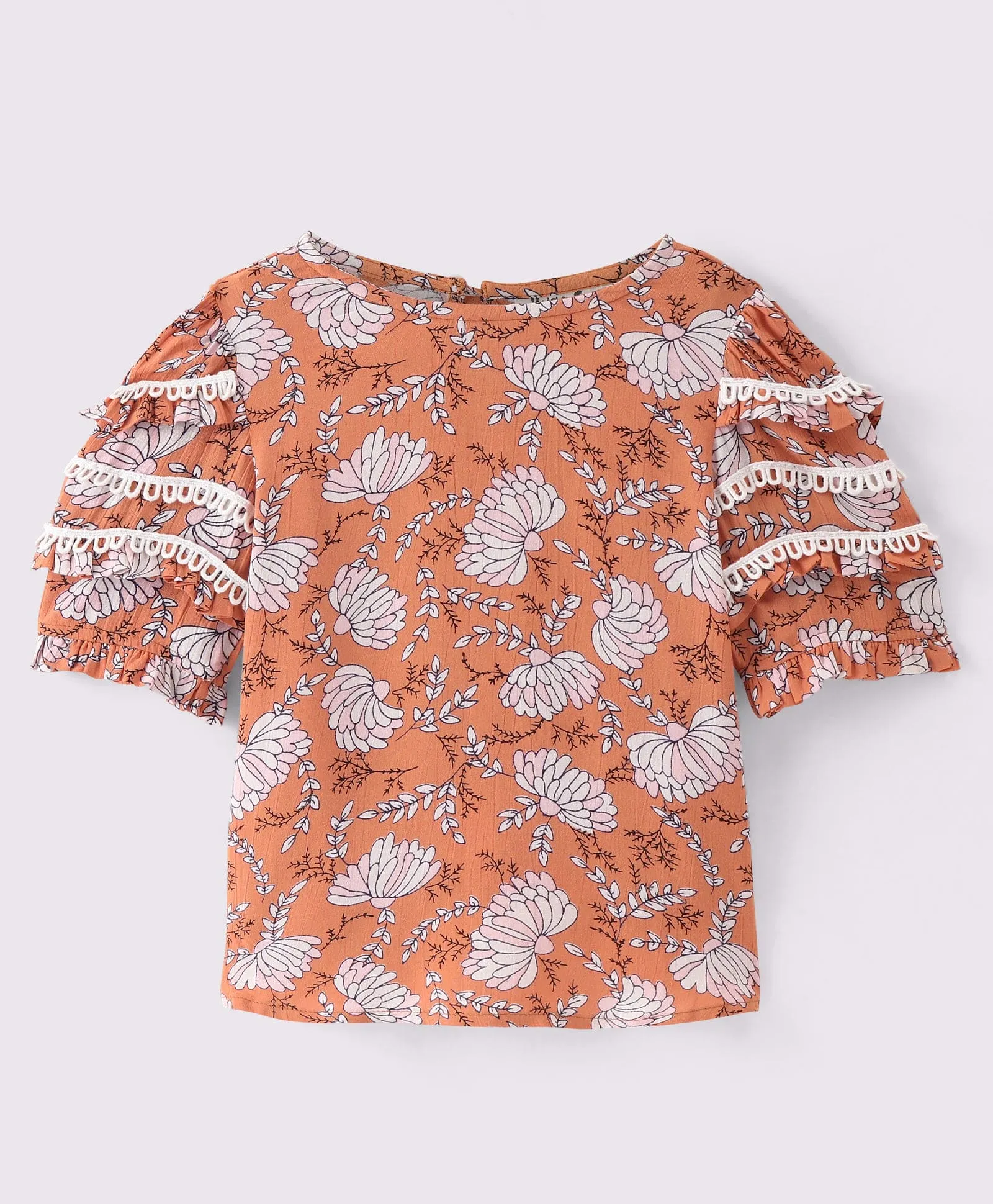 Cotton Top with floral print and lace detailing on the sleeves-Brown