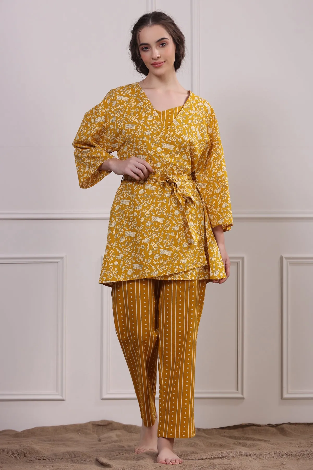 Dragonflies on Mustard Cotton Three piece set