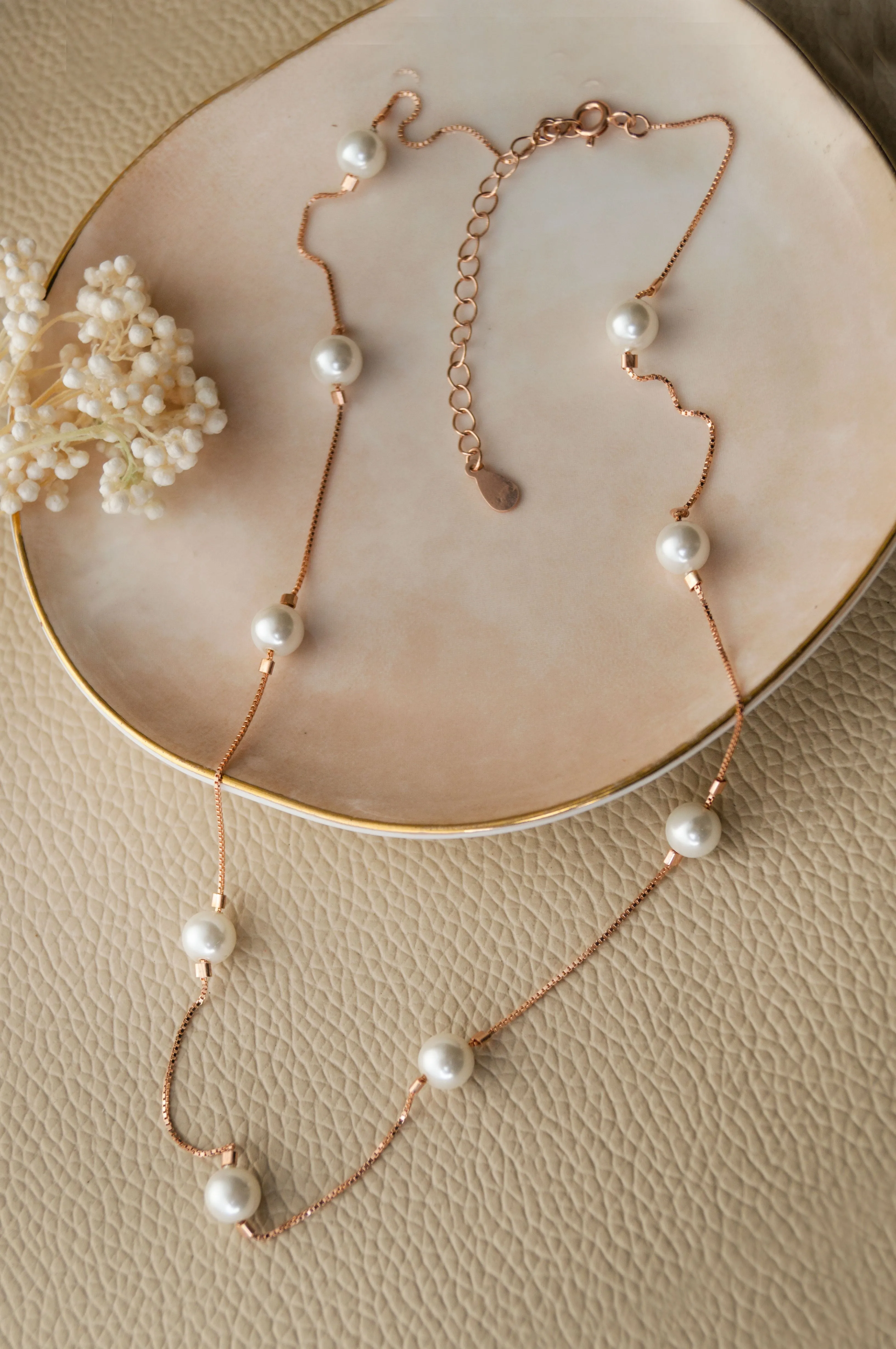 Forever Pearls Station Rose Gold Plated  Sterling Silver Chain Necklace