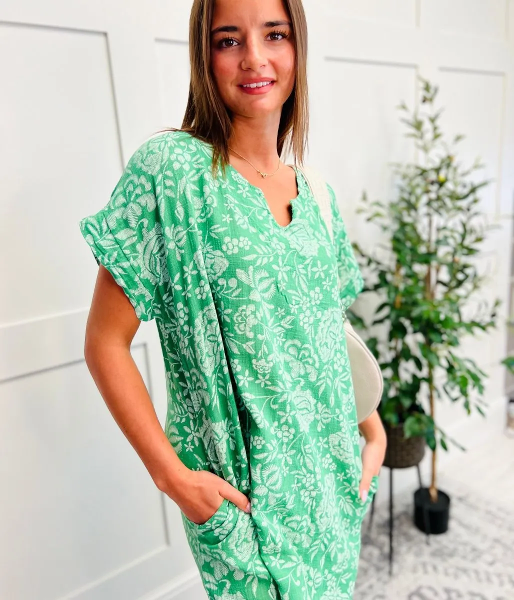 Green Floral Linen Look Dress