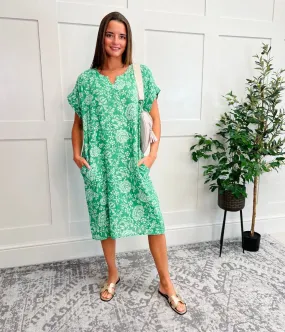 Green Floral Linen Look Dress