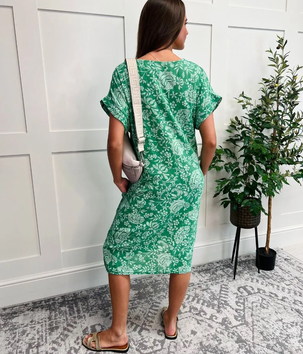 Green Floral Linen Look Dress