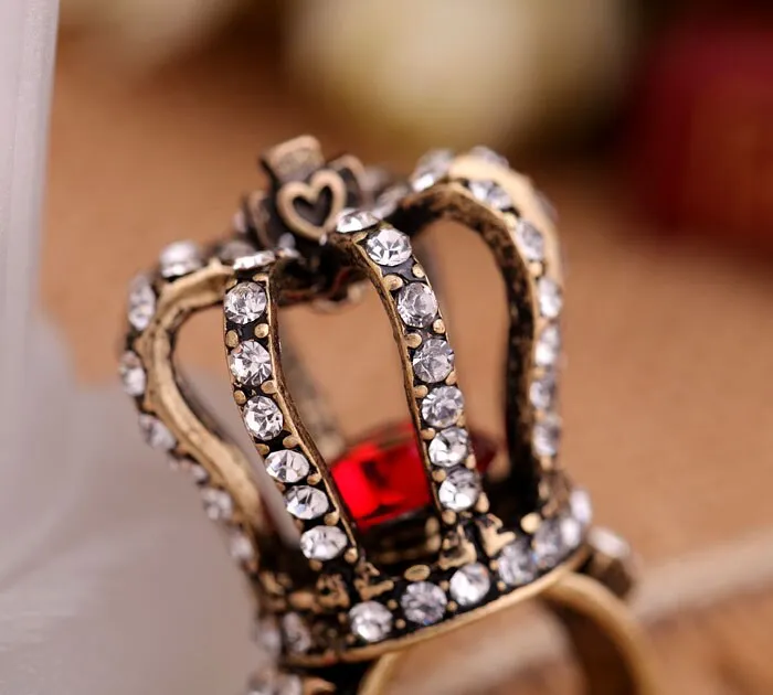 Red Crystal Crown Vintage Look Exaggerated Ring