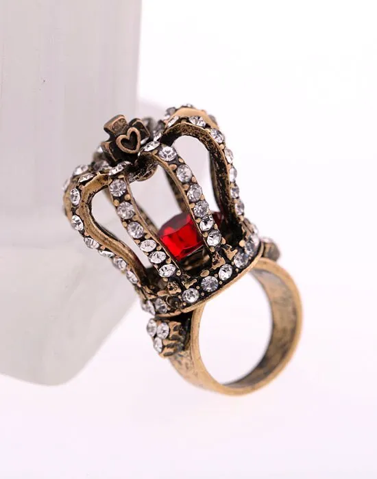 Red Crystal Crown Vintage Look Exaggerated Ring