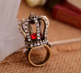 Red Crystal Crown Vintage Look Exaggerated Ring