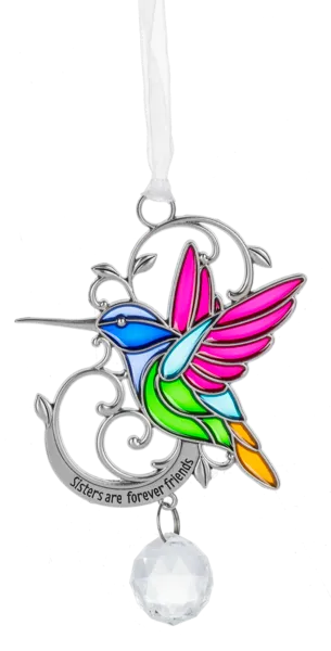 Stained Glass Style Hummingbird Ornament - Sisters are forever friends