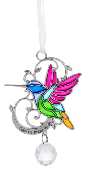 Stained Glass Style Hummingbird Ornament - Sisters are forever friends