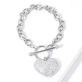 White Gold Dipped Rhinestone Heart Charm Toggle Bracelet-M H W ACCESSORIES