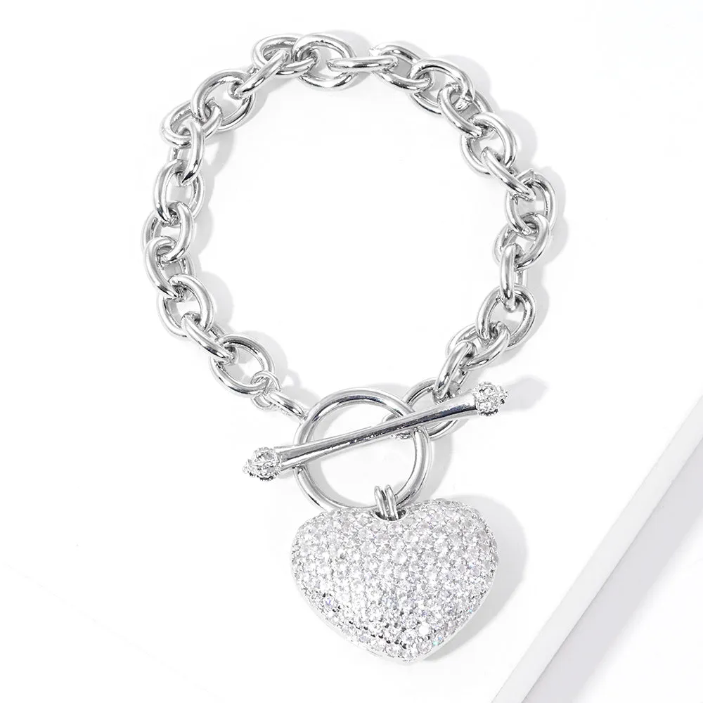 White Gold Dipped Rhinestone Heart Charm Toggle Bracelet-M H W ACCESSORIES