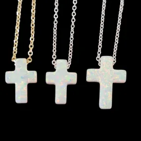 White Opal look cross necklace Silver or Gold